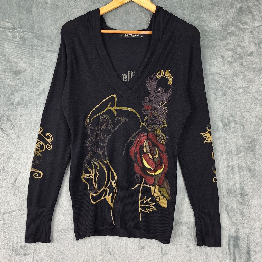 Vintage Ed Hardy Hoodie XL Black Y2K 90s Pullover Roses Tattoo Love Kills Grunge